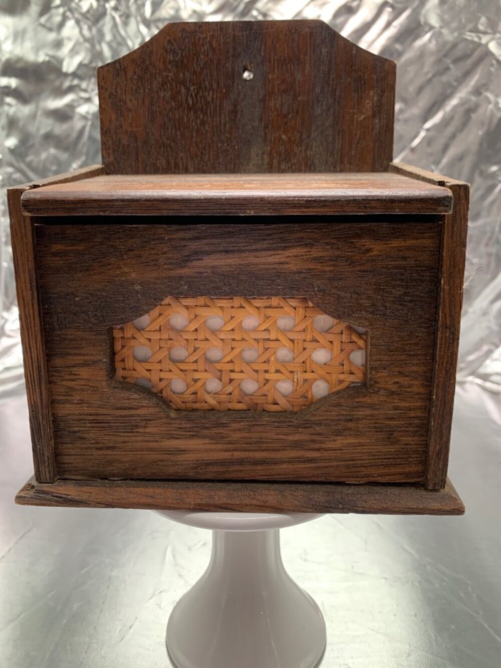 Vintage Wooden Recipe Box With Handwritten Recipes & Woven Front Panel